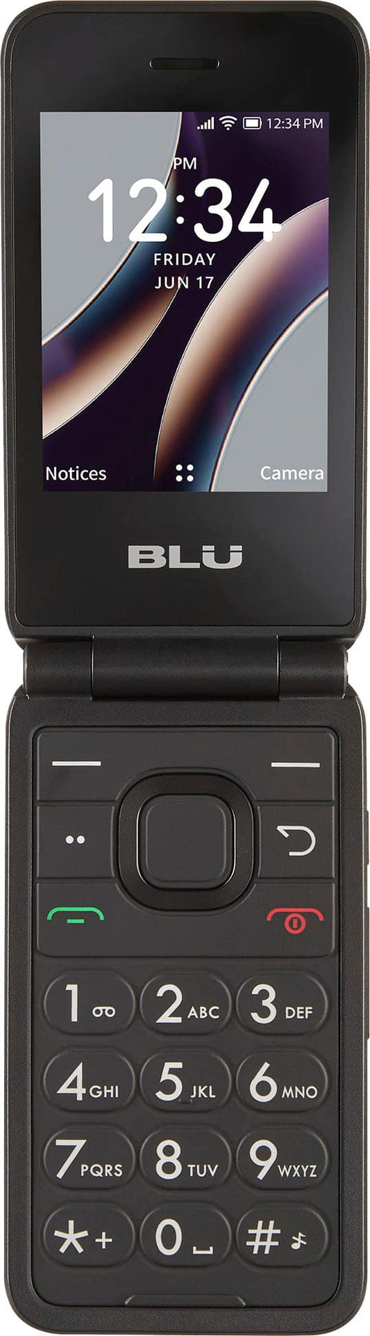 BLU Flex Tracfone flip phone open front view