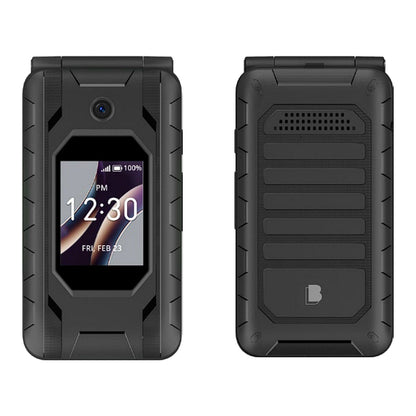 BLU Flex B300V black flip phone closed front and back views