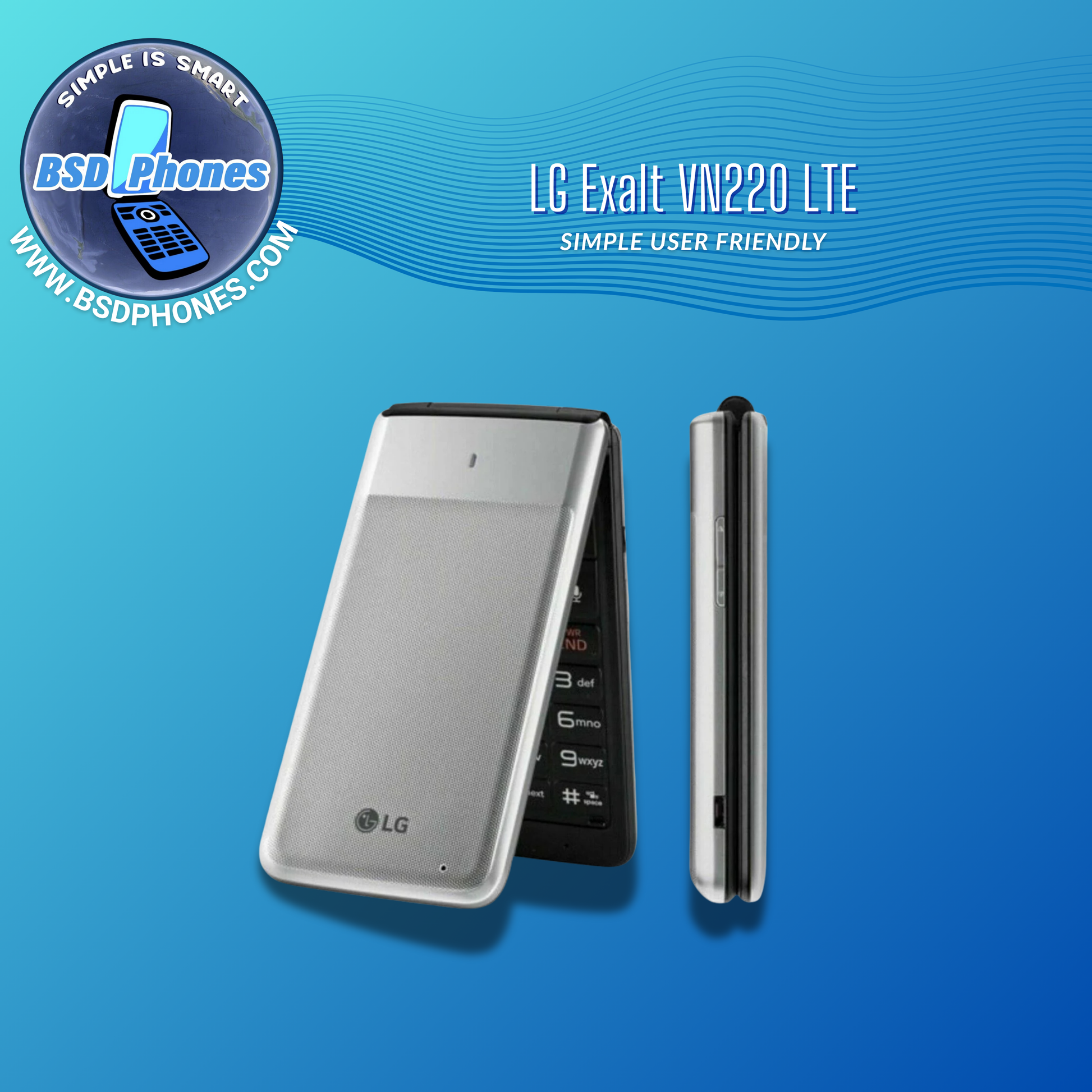 LG Exalt LTE VN220 silver flip phone front rear and side views